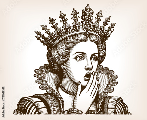 royal queen wearing an ornate crown and jewelry, with wide eyes and surprised expression sketch engraving generative ai fictional character vector illustration. Scratch board. Black and white image.