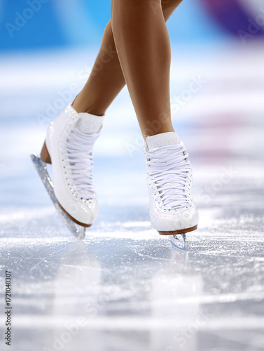 Sports photography - close-up of a figure skater's legs in figure skates on the ice of a stadium during the Olympic competition, blurred background, reportage style