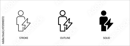 People with lightning bolt icon for safety, electric shock, lightning strike, danger warning. Stroke, outline and solid icon. Eps10 file.