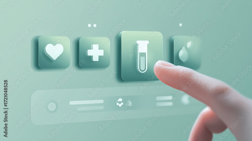 Fototapeta premium Finger taps glowing medical interface with icons for heart, cross, test tube and drop. Ideal for healthcare apps, telemedicine, diagnostics and presentations about innovation, science and patient care