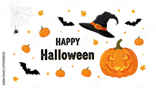 Spooky Halloween Gathering: Embrace the eerie allure of Halloween with pumpkins, bats, spiderwebs and Witch's Hat in this chilling and joyful illustration. Perfect for seasonal designs.