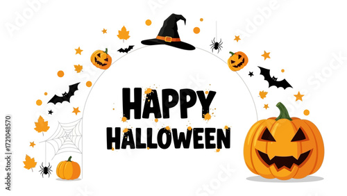 Halloween Greeting with Festive Elements: This Halloween-themed image shows a whimsical arrangement of classic holiday icons, the vibrant pumpkins, spooky spider webs.