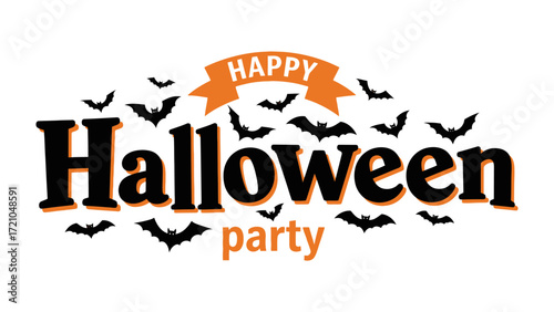 Happy Halloween party greeting: A cheerful Halloween greeting, featuring the phrase Happy Halloween party amidst a flurry of silhouette bats and festive orange accents.