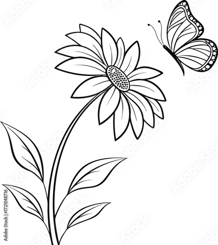Minimal line art sunflower with a delicate butterfly hovering above