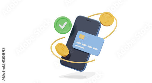 A 3D illustration of a successful mobile payment, showing a smartphone, credit card, coins, and a green checkmark.