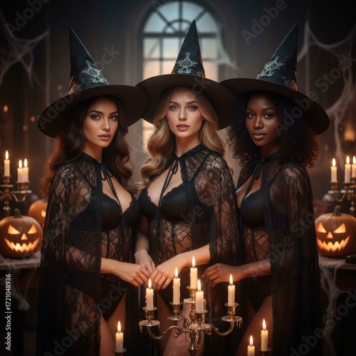Sensual halloween girls in candlelit room, jack-o'-lanterns in october party setting