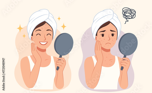 Acne treatment before and after: side-by-side mirror comparison of glowing skin vs breakouts; skincare, pimple, blemish, treatment, dermatologist, beauty routine, selfcare, flat vector illustration.