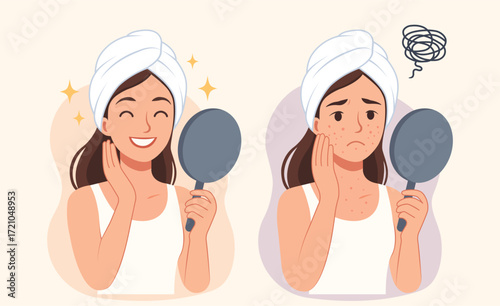 Skincare before & after: woman checking skin in mirror with clear complexion vs acne spots — acne treatment, cleansing foam, skincare, confidence, beauty, pastel background, vector illustration.