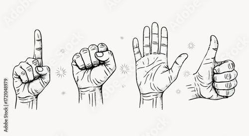 A line drawing of four hands displaying different gestures, including a raised index finger, a clenched fist, an open palm, and a thumbs-up.