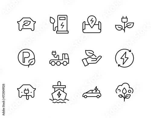 Electric Vehicle and Green Energy Icon Set EV, Charging Station, Renewable Power, and Sustainable Transport