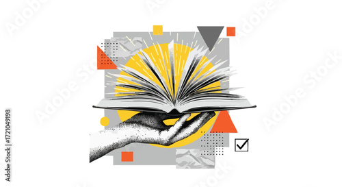 Abstract graphic illustration of a hand holding an open book with fanned pages, surrounded by geometric shapes and patterns.