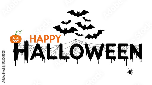 Spooky Halloween Celebration: A chillingly festive digital image, complete with a grinning jack-o'-lantern, ominous bats, and spiderwebs, forming a celebratory Happy Halloween message.