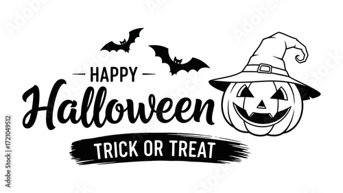 Spooky Halloween Celebration: A whimsical illustration featuring a grinning Jack-o'-Lantern, bats, and festive typography captures the essence of Halloween spirit. 