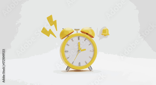 Vibrant yellow alarm clock rings urgently with notification bell and lightning bolts, signaling important deadline or reminder for productivity and time management