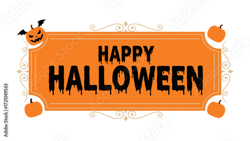 Happy Halloween Sign with Decoration: A festive Halloween sign with pumpkins and a playful design. Perfect for Halloween decorations and seasonal greetings.