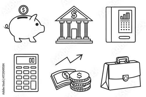 A business icon set with calculator and money symbols for web and finance