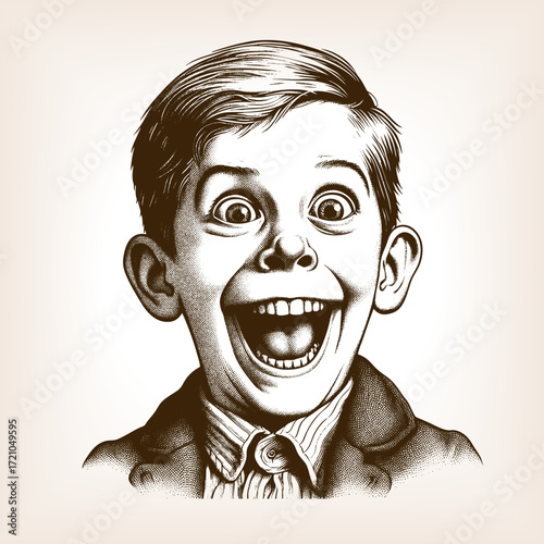 smiling boy with wide eyes, slicked hair, and a suit with tie, drawn in a humorous retro style sketch engraving generative ai fictional character vector illustration. Scratch board. Black and white.
