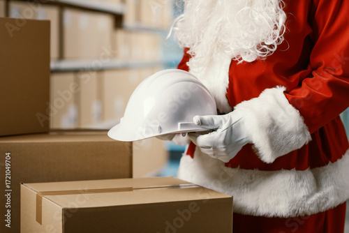 Santa Claus holding a safety helmet