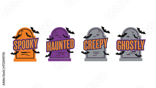 Spooky Tombstone Set: A vibrant, artistic array of four spooky tombstones, each bearing a chilling adjective. Bats flutter around the tombstones, amplifying the eerie atmosphere