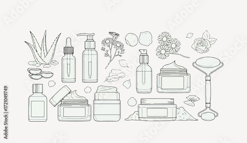 Collection of skincare products and natural ingredients in a line drawing style.