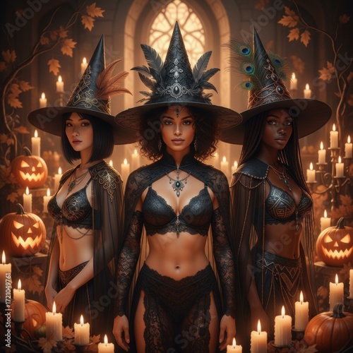 Sensual halloween girls in candlelit room, jack-o'-lanterns in october party setting
