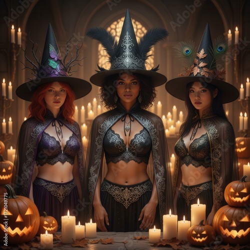Sensual halloween girls in candlelit room, jack-o'-lanterns in october party setting, sensual witch costume