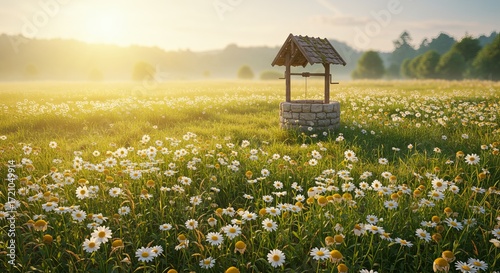 Fototapeta Naklejka Na Ścianę i Meble -  Idyllic sunlit meadow overflows with daisies near a rustic stone well