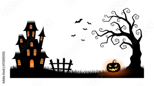 Spooky Halloween Night: A silhouette of a haunted house, pumpkin with an eerie light, bats, and bare tree creates a spooky scene in a dark night. Embrace the thrill of the season.