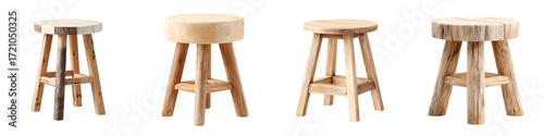 Wooden Stool Collection: Rustic Bar Stools on White Background