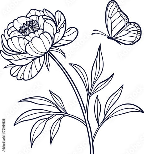 Elegant single peony flower with delicate butterfly illustration in line art style