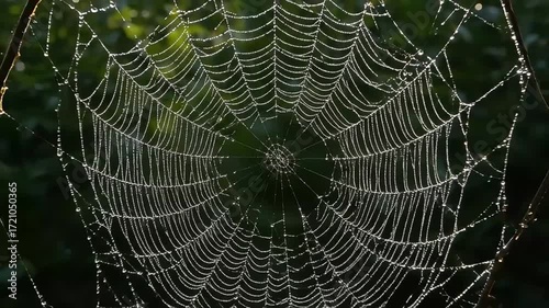 Delicate spider web glistening with morning dew, a natural masterpiece in the forest