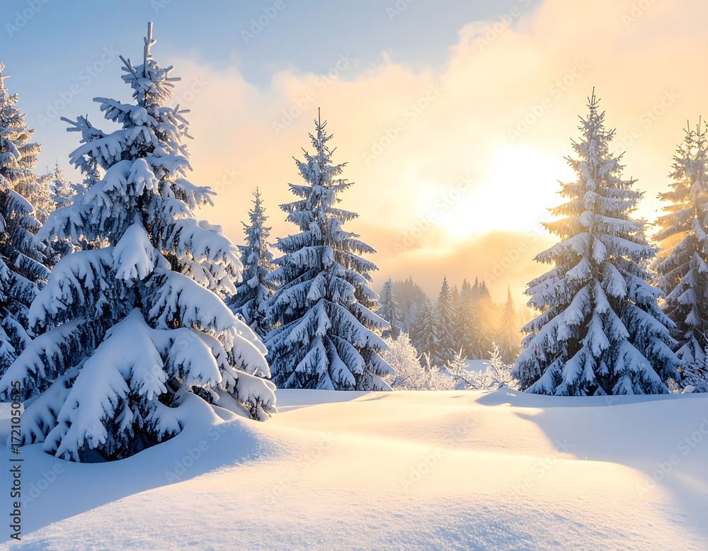 Obraz premium Serene Winter Landscape with Snow-Covered Pine Trees at Sunrise