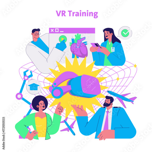 VR Training and Education Vector Illustration with Professionals