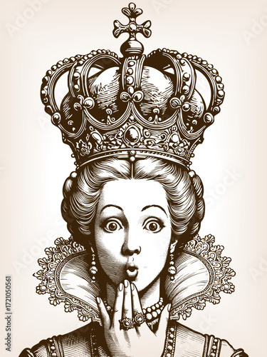 royal queen wearing an ornate crown and jewelry, with wide eyes and surprised expression sketch engraving generative ai fictional character vector illustration. Scratch board. Black and white image.