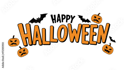 Happy Halloween: Festive pumpkins and bats adorn a vibrant Happy Halloween sign, evoking a playful and spooky ambiance perfect for seasonal celebrations.