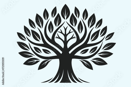 Black silhouette of a symmetrical tree with broad canopy and visible roots on a light blue background