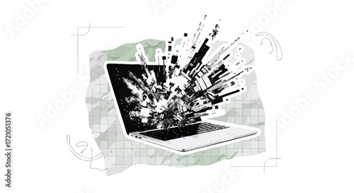 A dynamic, abstract illustration of a laptop with black and white geometric shapes exploding from its screen.