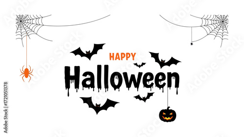 Spooky Halloween Design: A captivating Halloween-themed vector design, complete with menacing bats, creepy spiderwebs, and a grinning pumpkin, exudes the spirit of the season in a flat design style.