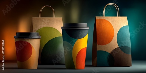 Coffee Cups and Paper Bags with Colorful Geometric Designs