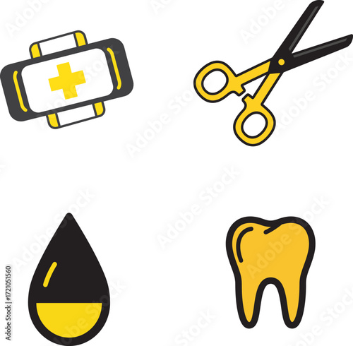 Four distinct icons representing medical and dental care, featuring a first aid kit, scissors, a liquid droplet, and a tooth.