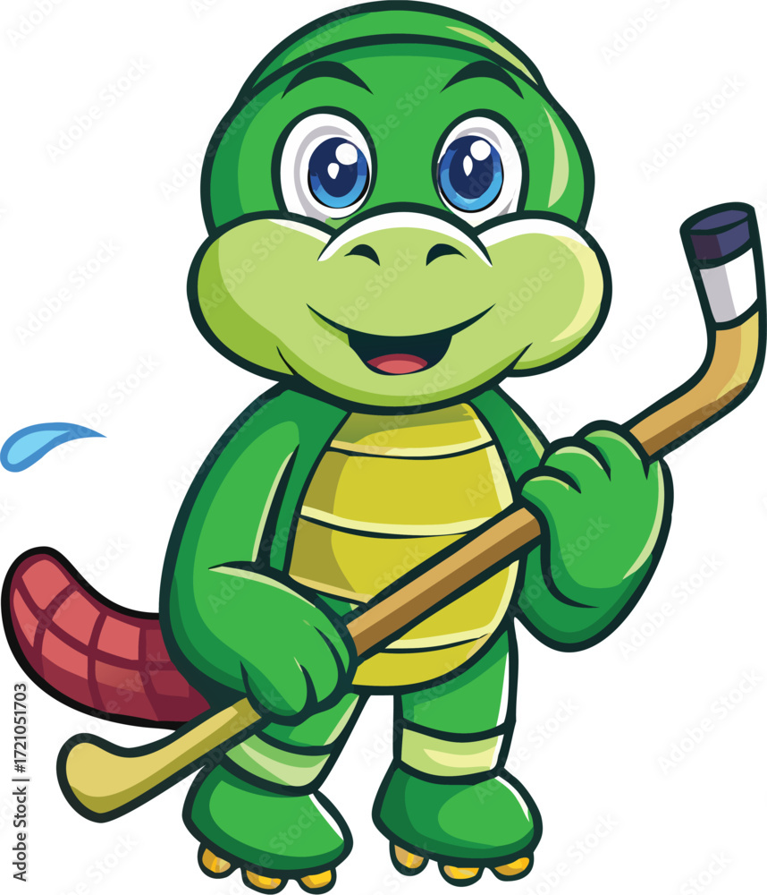 Fototapeta premium A cheerful green cartoon tortoise character with a hat smiles happily in a vector illustration