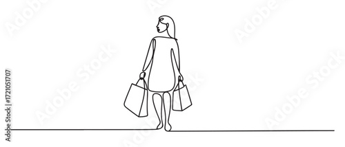 Continuous one single line drawing Woman with shopping bag. one line Icon drawing with white background