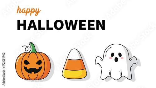 Halloween Trio: A cute graphic of halloween icon. A spooky but delightful Halloween scene, starring a carved pumpkin, candy corn and friendly ghost.