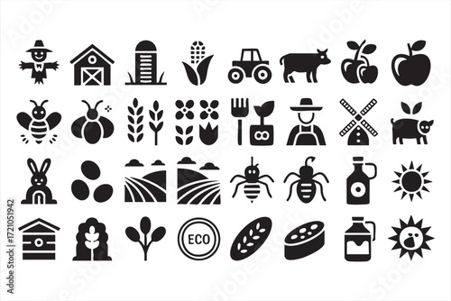 Farm rural house and barn icons set, black vector illustrations of sun, crops, rooster, chicken, plants, fence, wreath and rustic lifestyle symbols for agriculture, countryside and organic design
