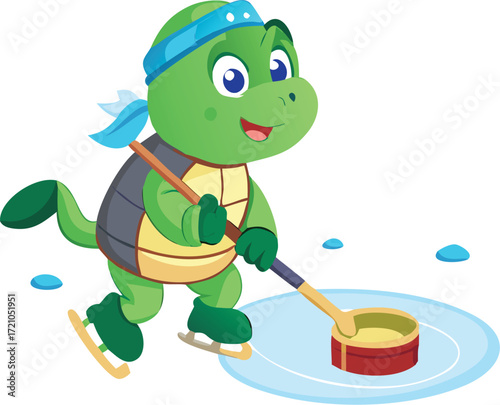 A cheerful green amphibian cartoon character with a smile is drawing a turtle on a fun winter adventure