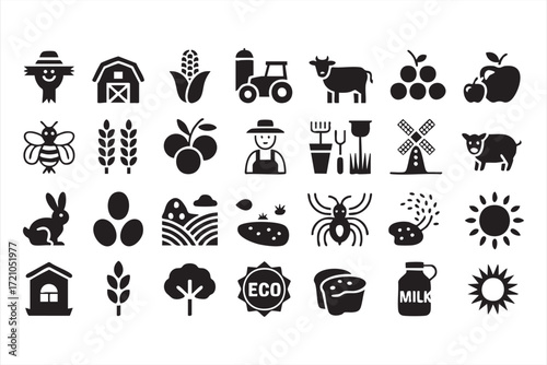 Vector set of farm products, livestock, crops and rural lifestyle eco design symbols
