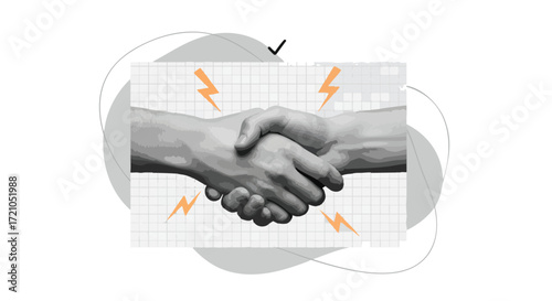 Two hands shaking firmly with orange lightning bolts, symbolizing a strong business agreement or partnership.