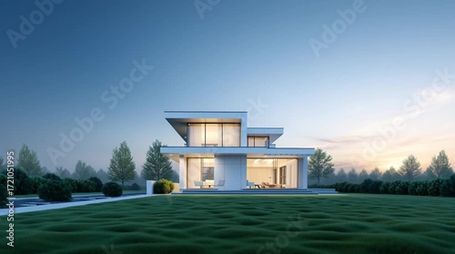 Modern Home with Lush Garden: A stunning modern home with clean lines and large windows stands amidst a manicured green lawn and a vibrant garden.