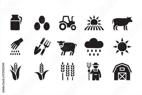 Vector collection of rustic farm symbols with tractor, cow, pig and countryside icons