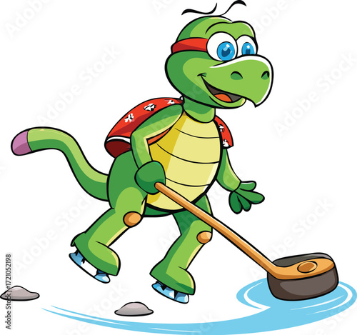 A hilarious cartoon illustration of a happy turtle wearing a hat, smiling mischievously